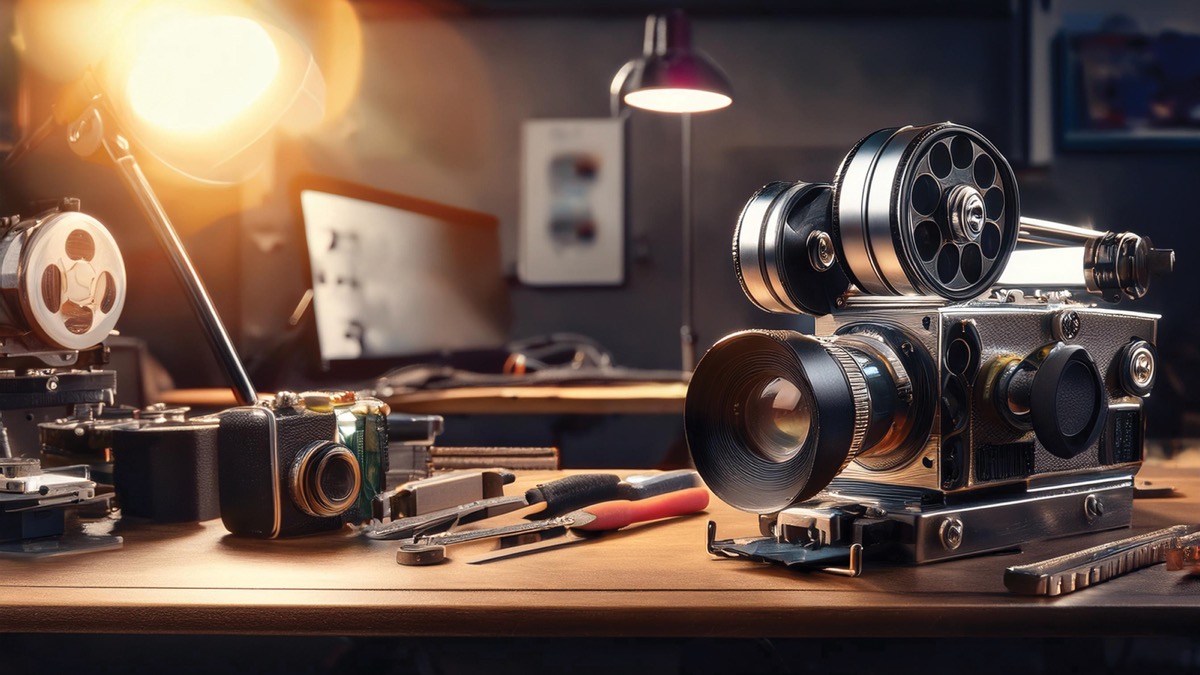 Cinema camera on the bench
